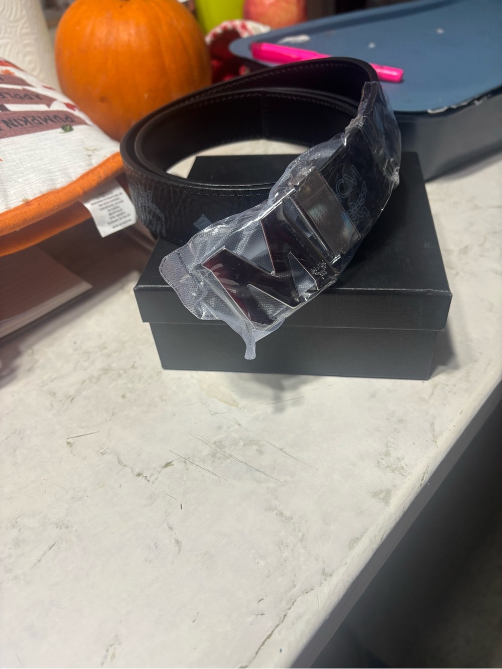 MCM Black Leather Belt with Silver M Buckle